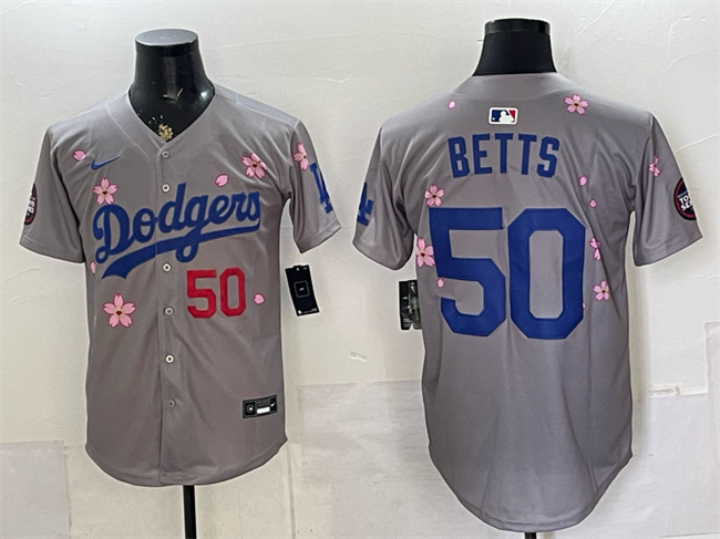 Men's Grey Los Angeles Dodgers #50 Mookie Betts 2025 Tokyo Series Limited Stitched Baseball Jersey